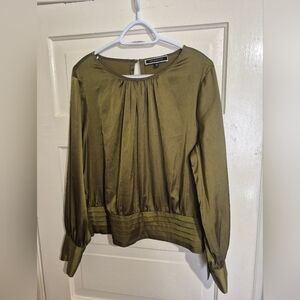 Chic Olive Satan Blouse with Pleated Design By Melanie Lyne Size 16